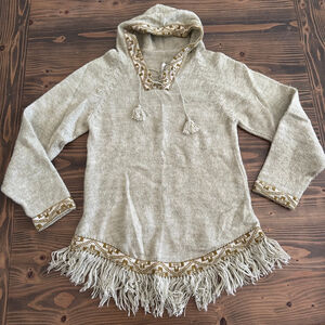 Women’s Andes Import Alpaca Wool Hooded Poncho M Beige Brown Fringe